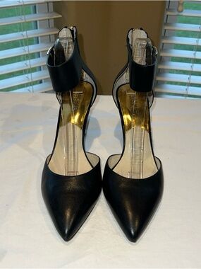 Michael Kors Womens Black Leather Ankle Strap Heels Shoes Sz 9.5M Zipper Gold